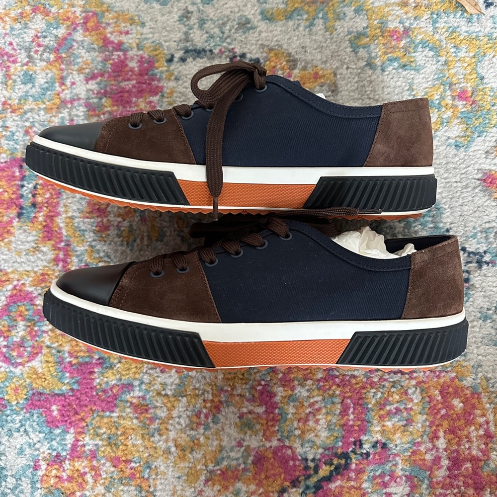Prada Sport Navy Blue/Brown Canvas and Suede Low Top Sneakers